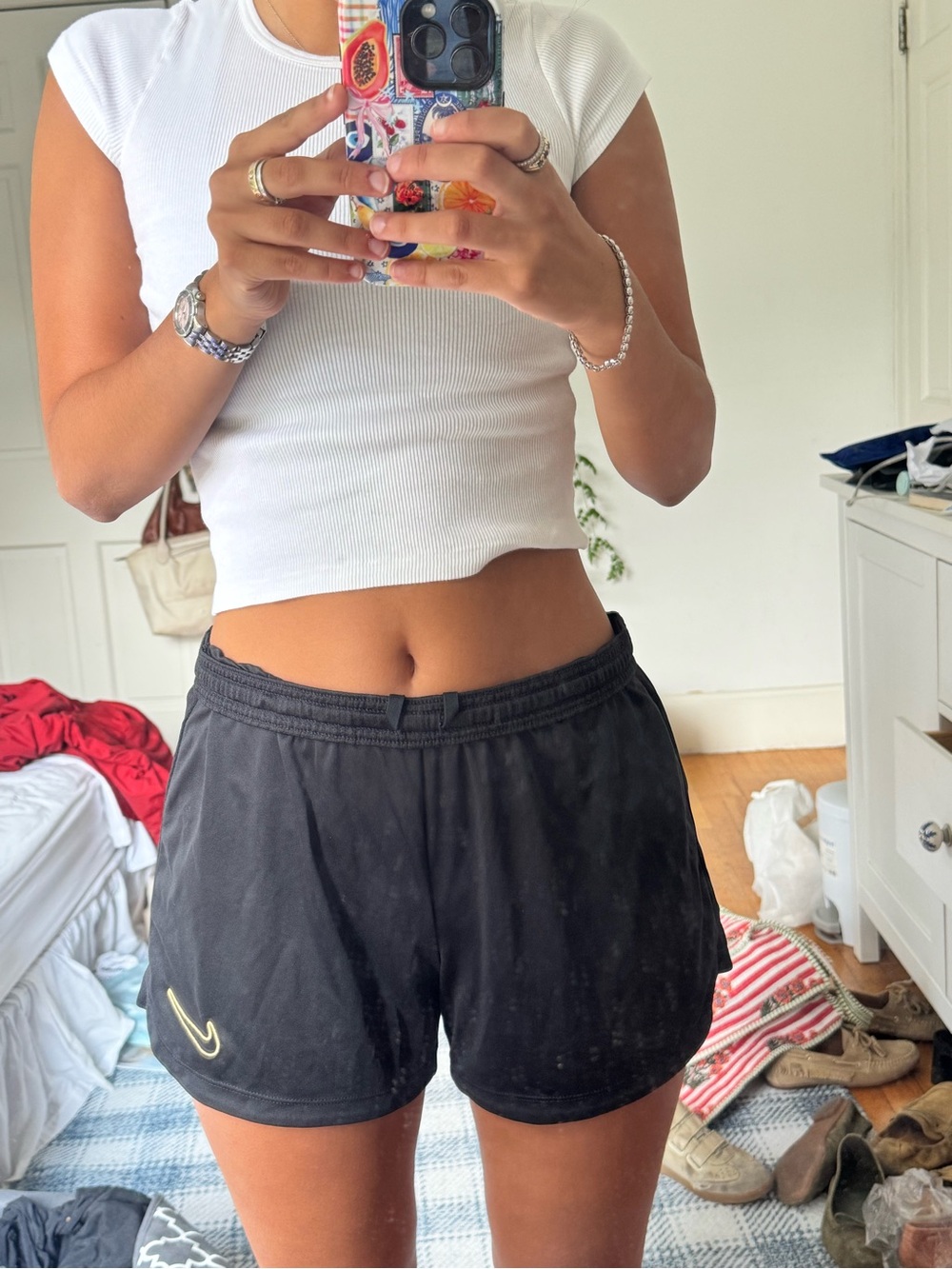 Nike Black Athletic Shorts with Gold Swoosh - Women's Running Shorts